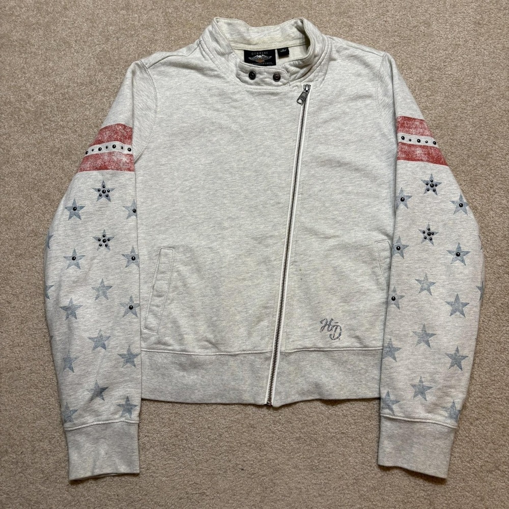 Harley-Davidson‎ Jacket Womens XL Gray Stars Stripes Full Zip Studded Moto